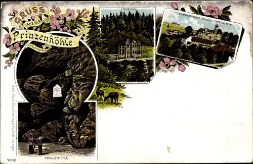 Litho Hartenstein im Erzgebirge Sachsen, Gruß aus der Prinzenhöhle, Forsthaus, Schloss Hartenstein