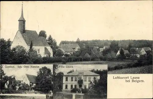 Ak Lausa Belgern Schildau in Nordsachsen, Villa Laura, Gasthof Otto Nerche, Blick auf den Ort