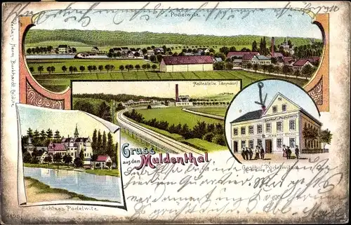 Litho Podelwitz Colditz in Sachsen, Schloss Podelwitz, Gasthof, Tanndorf, Blick auf den Ort