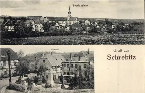 Ak Schrebitz Ostrau in Sachsen, Gesamtansicht, Kirche, Ehrenmal