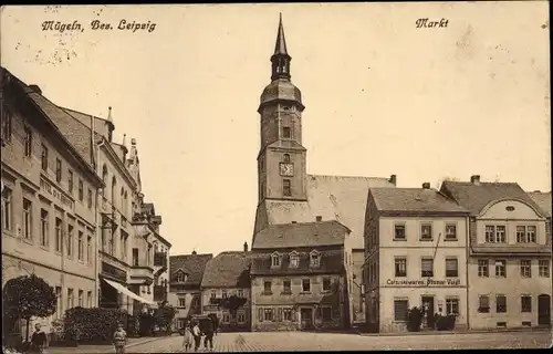 Ak Mügeln in Sachsen, Markt, Kirche, Kolonialwarenhandlung, Hotel