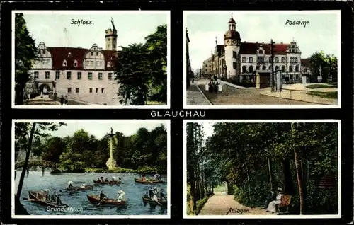 Ak Glauchau in Sachsen, Postamt, Schloss, Gründelteich, Anlagen