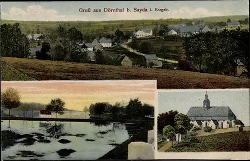 Ak Dörnthal Pfaffroda im Erzgebirge, Gesamtansicht der Ortschaft, Teiche, Kirche