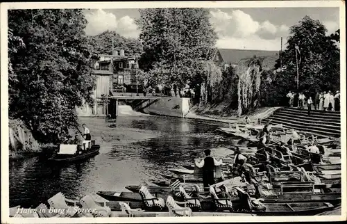 Ak Burg im Spreewald, Hafen, Ausflugsboote, Wasserpartie