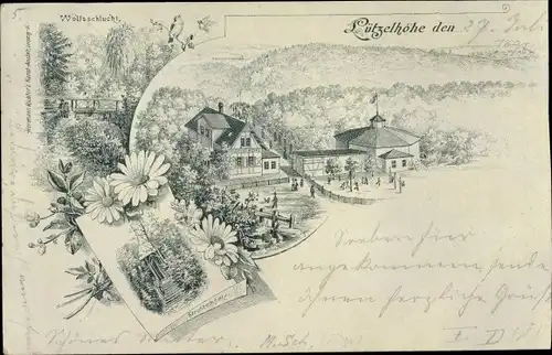 Litho Lützelhöhe Frankenberg an der Zschopau, Gastwirtschaft, Wolfsschlucht, Strohtempel