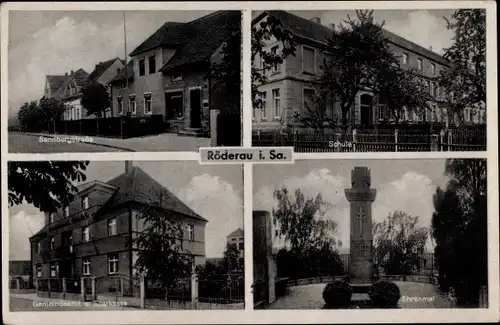 Ak Röderau Zeithain in Sachsen, Sandbergstraße, Schule, Gemeindeamt, Sparkasse, Ehrenmal