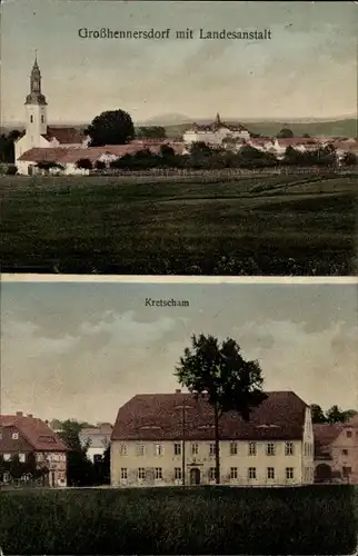 Ak Großhennersdorf Herrnhut in Sachsen, Gesamtansicht mit Kirche und Landesanstalt, Kretscham