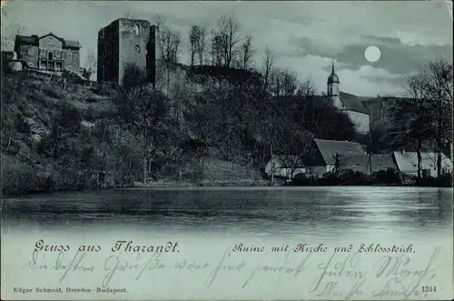 Mondschein Ak Tharandt im Erzgebirge, Ruine mit Kirche und Schlossteich