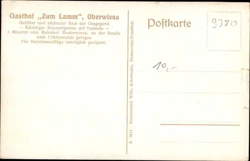 Ak Oberwiesa Niederwiesa Sachsen, Gasthof "Zum Lamm", Großer Saal, Konzertgarten, Gesellschafts-Saal