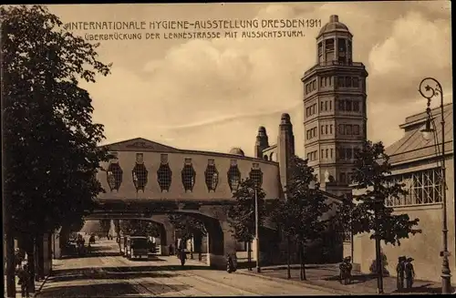 Ak Dresden Altstadt, Internationale Hygieneausstellung 1911, Überbrückung, Lennestraße,Aussichtsturm