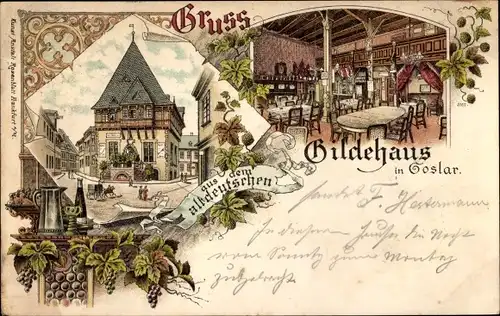 Litho Goslar in Niedersachsen, Gruß aus dem altdeutschen Gildehaus, Innenansicht