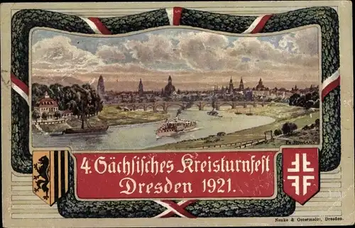 Künstler Ak Rowland, Dresden Zentrum Altstadt, 4. Sächsisches Kreisturnfest 1921, Stadtansicht