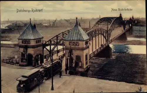 Ak Ruhrort Duisburg im Ruhrgebiet, Neue Ruhrbrücke, Straßenbahn