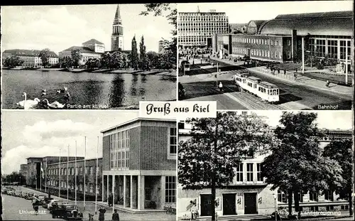 Ak Hansestadt Kiel, Hauptbahnhof, Tram, Haus d. Landesregierung, Universität, Schwäne s. kl. Kiel
