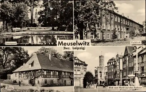 Ak Meuselwitz Colditz in Sachsen, Leninpark, Poliklinik, Mühle, Markt, Rathaus