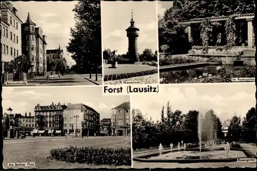Ak Forst in der Niederlausitz, Bahnhofstraße, Wasserturm, Rosengarten, Berliner Platz