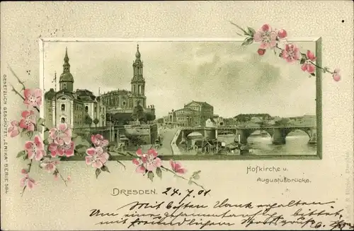 Litho Dresden, Kath. Hofkirche, Augustusbrücke, Blüten