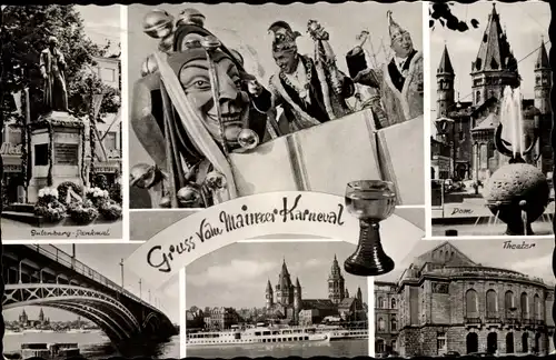 Ak Mainz am Rhein, Mainzer Karneval, Dom, Theater, Gutenberg Denkmal, Dampfer