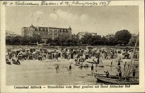 Ak Ostseebad Ahlbeck Heringsdorf auf Usedom, Strandleben mit Hotel Ahlbecker Hof