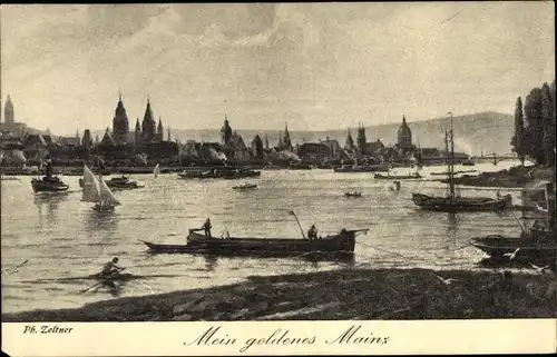 Künstler Ak Zeltner, Ph., Mainz am Rhein, Flusspartie, Stadt, Besuchsanzeige Arnold Becker