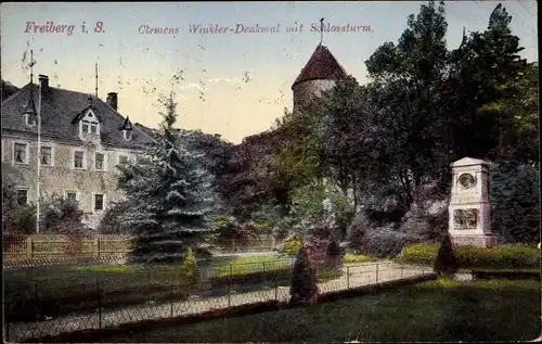 Ak Freiberg in Sachsen, Clemens Winkler Denkmal, Schlossturm