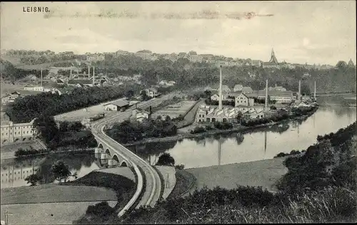 Ak Leisnig in Sachsen, Vogelschau, Brücke, Panorama