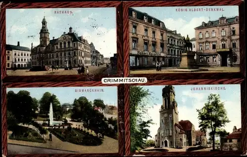 Ak Crimmitschau in Sachsen, Johanniskirche, König Albert Denkmal, Rathaus, Bismarckhain