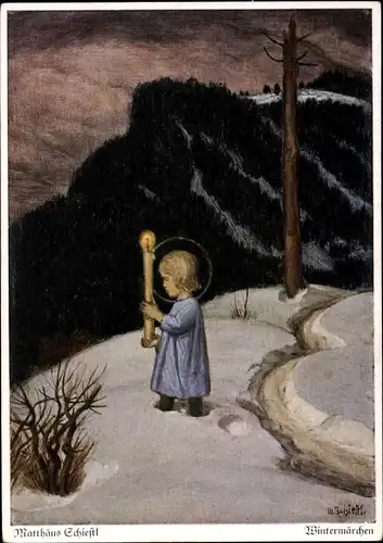 Künstler Ak Schiestl, Matthäus, Wintermärchen, Kind mit Kerze im Schnee
