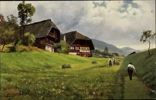 Künstler Ak Hoffmann, H., Schwarzwaldleben, Partie an der Schwarzwaldbahn, Bauern bei der Heuernte