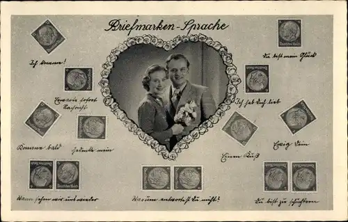 Ak Briefmarkensprache, Liebespaar, Blumenherz