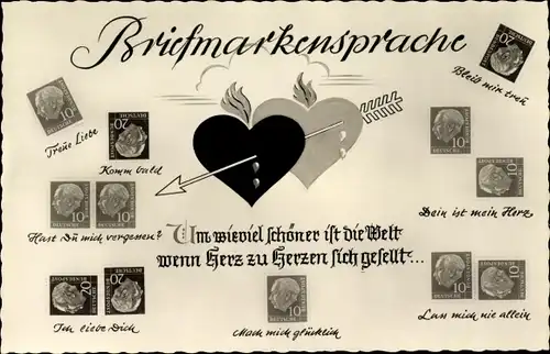 Ak Briefmarkensprache, Um wieviel schöner ist die Welt wenn Herz zu Herzen sich gesellt