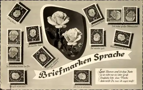 Ak Briefmarkensprache, Blumen, Ich habe große Sehnsucht, Ich erwarte Dich, Ewig Dein