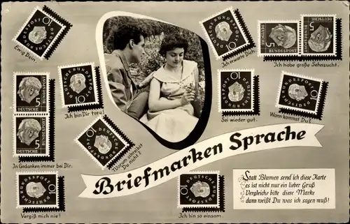 Ak Briefmarkensprache, Statt Blumen send ich diese Karte, Liebespaar