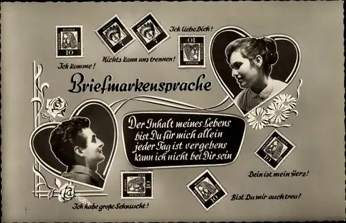 Ak Briefmarkensprache, Ich komme, Ich liebe Dich