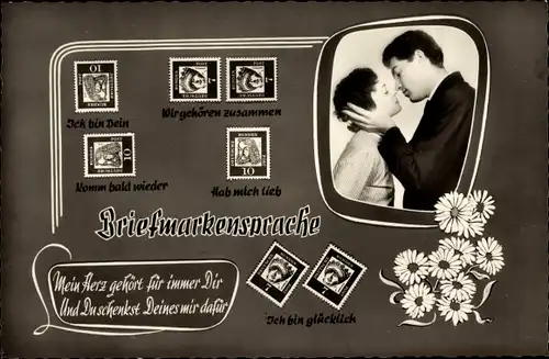 Ak Briefmarkensprache, Liebespaar, Kuss, Ich bin glücklich,Amag 9164