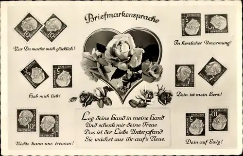 Ak Briefmarkensprache, Blumen, Dein auf Ewig, Dein ist mein Herz, Amag 70841