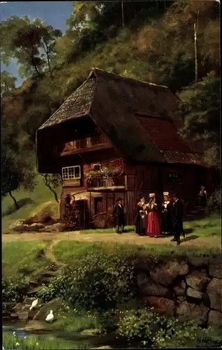 Künstler Ak Hoffmann, H., Schapbachtal Schwarzwald, Bauernhaus, Volkstrachten