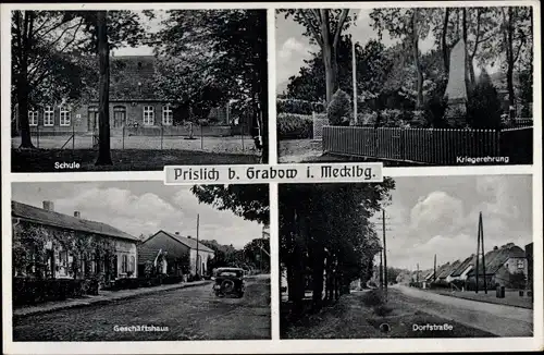 Ak Prislich in Mecklenburg Vorpommern, Schule, Kriegerdenkmal, Geschäftshaus, Dorfstraße