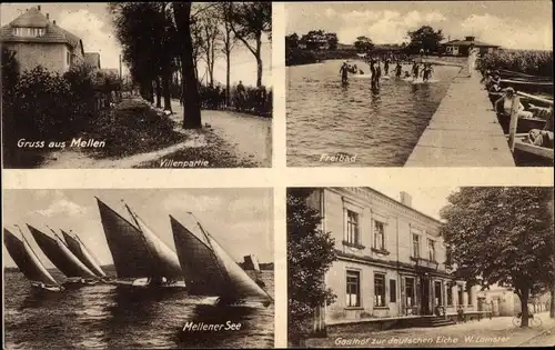 Ak Mellen Mellensee in Brandenburg, Villenpartie, Freibad, Segelboote, Gasthof zur deutschen Eiche