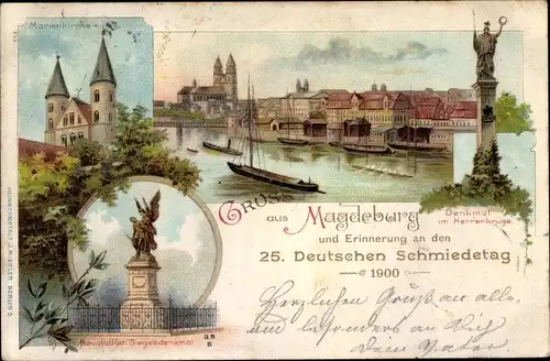 Litho Magdeburg in Sachsen Anhalt, Marienkirche, Neustädter Siegesdenkmal, 25. Dt. Schmiedetag 1900