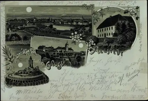 Mondschein Litho Allstedt in Sachsen Anhalt, Gesamtansicht, Schloss, Kyffhäuser, Schlossgasthof