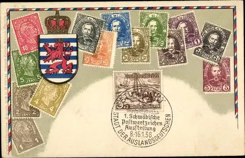 Briefmarken Wappen Litho Stuttgart am Neckar, 1. Schwäbische Postwertzeichen Ausstellung 1938