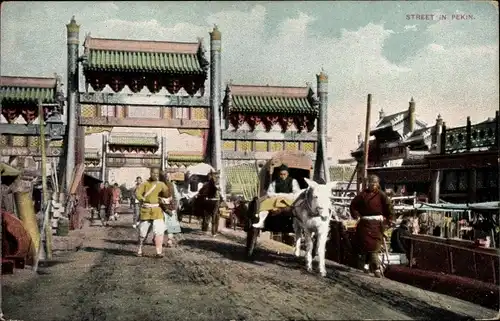 Ak Beijing Peking China, Straßenszene, Verkaufsstände, Pferdewagen