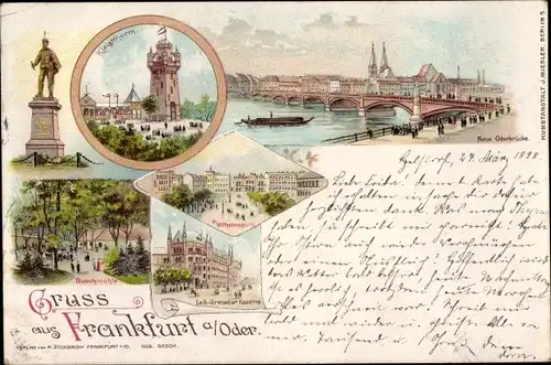 Litho Frankfurt an der Oder, Neue Oderbrücke, Buschmhle, Kleistthurm, Wilhelmsplatz, Kaserne