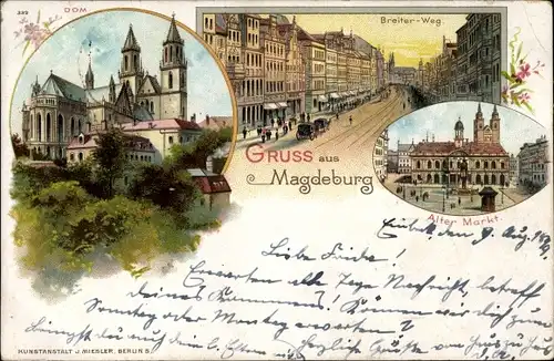 Litho Magdeburg an der Elbe, Dom, Breiter Weg, Alter Markt