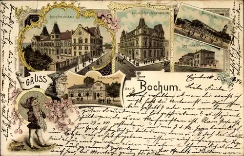 Litho Bochum im Ruhrgebiet, Ev. Vereinshaus, Post, Schützenhof, Turnhalle, Zwerge