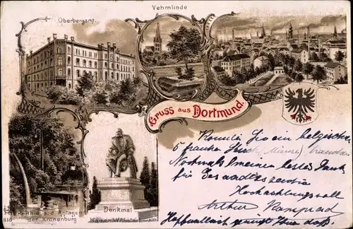 Litho Dortmund im Ruhrgebiet, Oberbergamt, Vehmlinde, Denkmal, Kronenburg Anlagen