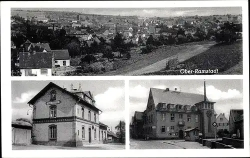 Ak Ober Ramstadt im Odenwald Hessen, Gesamtansicht, Bahnhofs Gaststätte Inh. Anna Marie Koperer