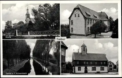 Ak Trebur am Rhein Hessen, Kirche, Rathaus, Schule, Schwarzbach