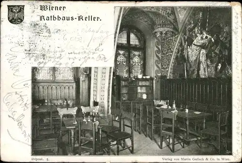 Ak Wien, Rathauskeller, Innenansicht, Tische, Stühle, Wappen